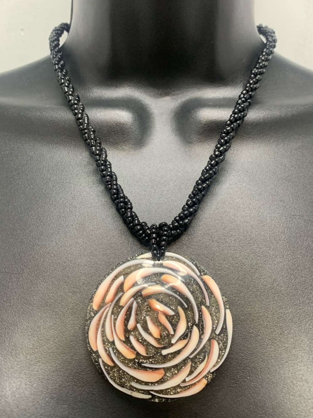 Beaded Necklace Large 2" Shell & Resin Rose Pendant Hawaiian Wearable Art Boho